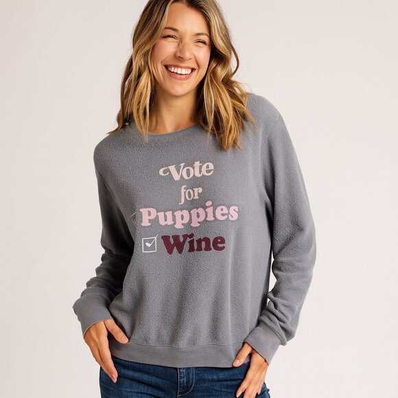 Wildfox Vote for Puppies Wine Baggy Beach Jumper Gray Graphic Sweatshirt Size S - Picture 1 of 5